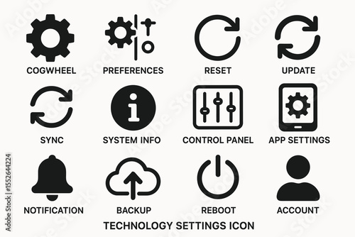 Technology settings icons: cogwheel, preferences, reset, update, sync, system info, control panel
