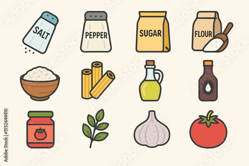 Basic cooking ingredients: salt, pepper, sugar, flour, pasta, olive oil, vinegar, tomato