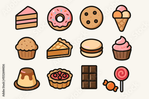 Colorful assortment of cartoon desserts and sweets collection