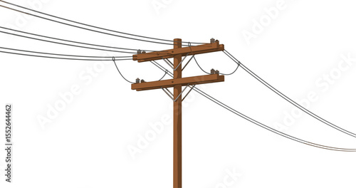 Wooden utility pole, electric power line, transmission wires, realistic vector illustration, rural electricity pole, energy infrastructure, distribution system, overhead wires, power supply equipment