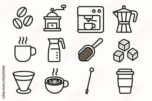 Coffee icon set: grinder, mug, espresso machine, beans, moka pot, and sugar cubes