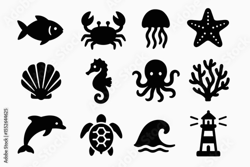 Silhouette icons of marine life: fish, crab, jellyfish, seahorse, and more