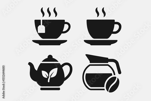 Silhouette icons of coffee and tea cups, teapot, and coffee pot