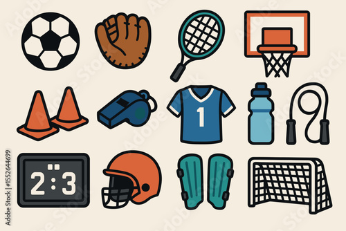 Sports equipment icons: soccer, basketball, tennis, and more