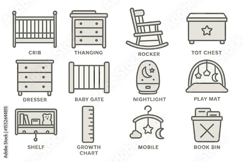 Essential baby nursery icons: crib, rocker, dresser, mobile, play mat, growth chart, shelf, baby gate, tot chest