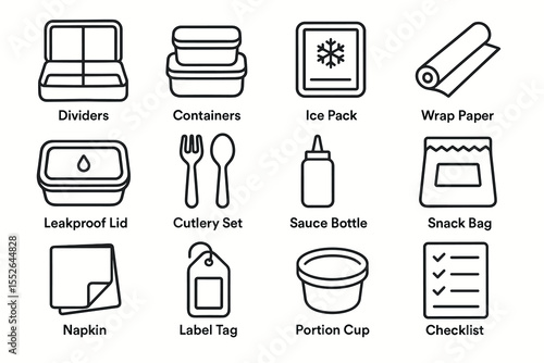 Lunch essentials: containers, cutlery, and accessories icons