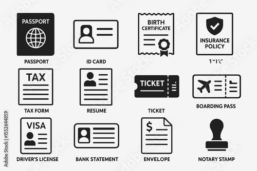 Collection of essential document icons including passport, id, birth certificate, insurance, tax, and ticket