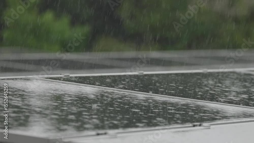 強い雨に打たれるソーラーパネル