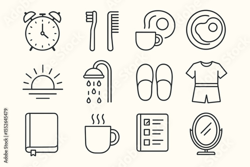 Morning routine icons: alarm, coffee, breakfast, hygiene, relaxation, planning
