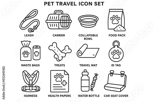 Pet travel icon set with leash, carrier, collapsible bowl, and more