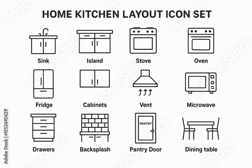 Home kitchen layout icon set featuring sink, stove, oven, fridge, and more