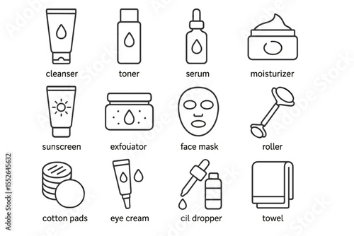 Skincare routine icons: cleanser, toner, serum, moisturizer, and more essential steps