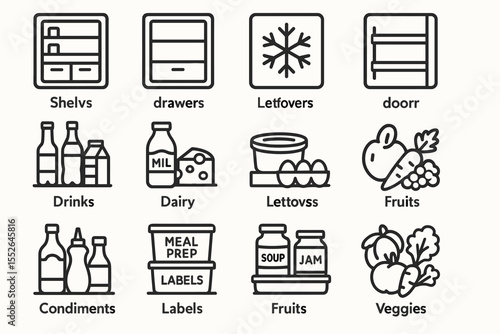 Minimalist icons of food and storage: shelves, drawers, dairy, fruits, veggies