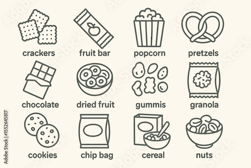 Illustrated snack icons: crackers, popcorn, chocolate, cereal, nuts
