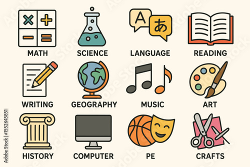Colorful educational icons representing school subjects and activities