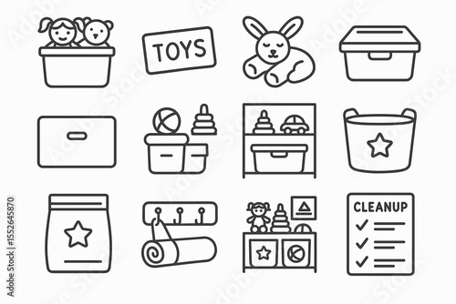 Outline icons of toy storage and organization essentials for kids' rooms
