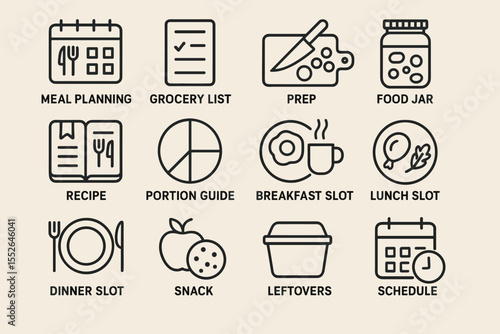 Meal planning icons: grocery, prep, recipe, snack, schedule