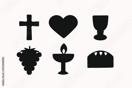 Christian Religious Symbols Cross, Heart, Chalice, Grapes, Bread, and Candle Icons