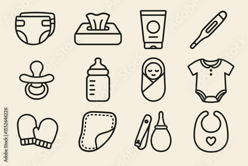 Baby essentials icon set: diaper, wipes, bottle, clothing, accessories