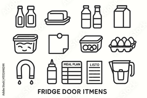 Fridge door items outline: condiments, containers, and organization icons