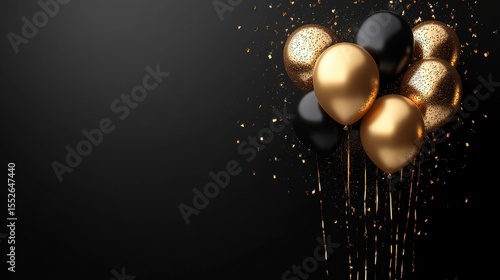 Elegant black and gold balloons with confetti on dark background