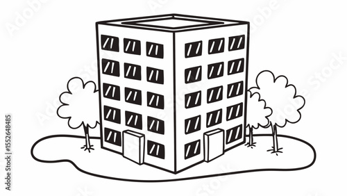 Illustration of a multistory building with many windows and trees surrounding it on a patch of land created with generated ai