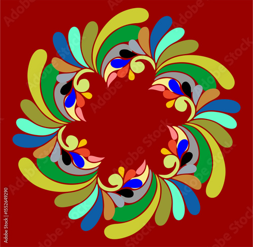 A mesmerizing circular arrangement of vibrant floral patterns radiating unity and energy, set against a bold maroon background that enhances the visual symmetry.