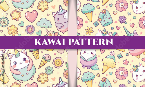 Adorable Kawaii Unicorn and Ice Cream Seamless Patterns Cute Pastel Designs