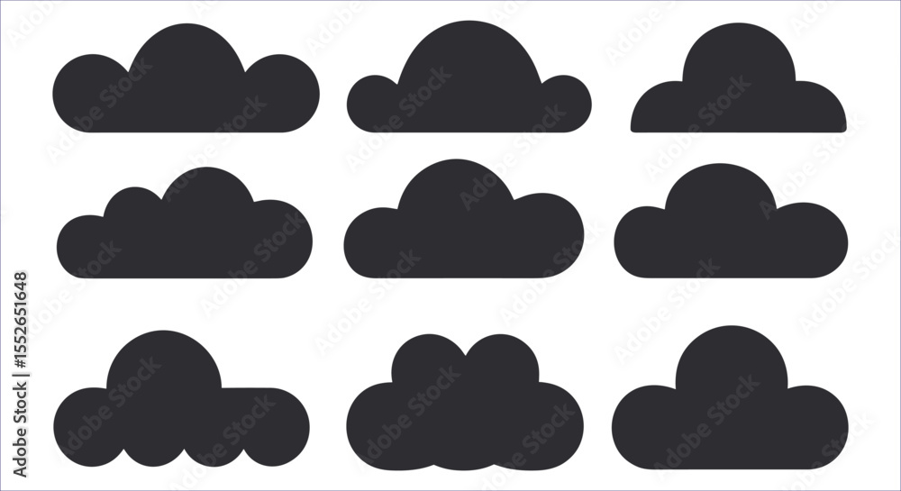 Vector Set of Stylish Black Cartoon Clouds for Weather Icons and Graphic Design Vector Set of Stylish Black Cartoon Clouds for Weather Icons and Graphic Design