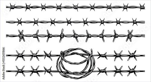 Vector Collection of Barbed Wire Fence Line Icons for Security and Border Design