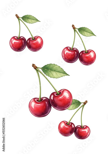 Watercolor illustration of ripe cherries with green leaves against a black background