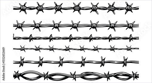 Vector Collection of Barbed Wire Fence Line Icons for Security and Border Design