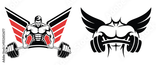 Gym logo of a muscular angel with wings lifting a barbell over a shield, a symbol of divine strength on white background