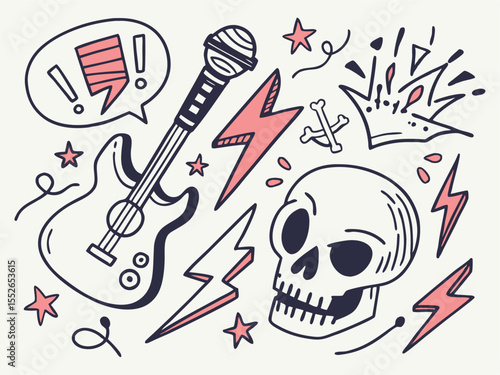 Music star doodle icon punk rock set vector . Hand drawn music sketch guitar, microphone, skull. Fun graffiti star shape doodle arrow, crown, speech bubble grunge decoration elements. doodle,