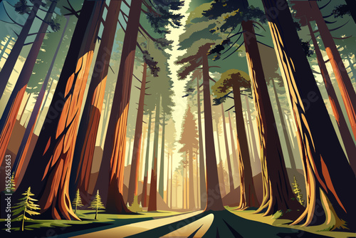 Detailed line art vector of a dense redwood forest, with towering tree trunks reaching skyward, shafts of light filtering through the canopy, and minimal ground detail. Black and white