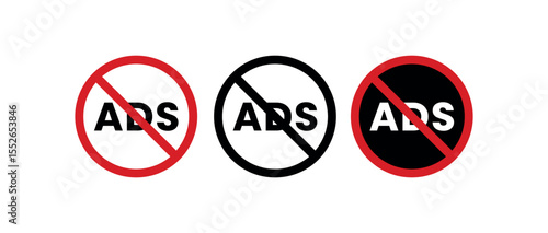 No Ads Icons Pack – Bold Ad Blocker Symbols with Red Circle Warning Style – Clean UI Vector Graphics