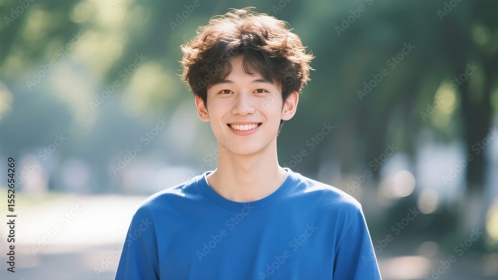 Obraz premium A young curly-haired Asian man smiling 