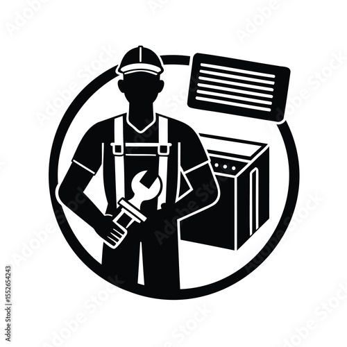 Black and white logo of a repairman fixing an appliance