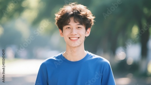 A young curly-haired Asian man smiling	