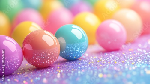 Colorful pastel spheres with glittery accents, abstract background
