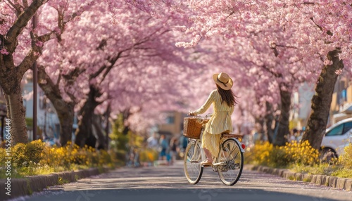 A Serene Bicycle Journey Through Blooming Cherry Blossom Avenue in Springtime