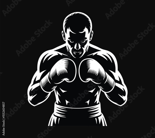 Mascot of a muscular boxer or fighter, a monochrome vector graphic for a sports team or fitness brand on white background