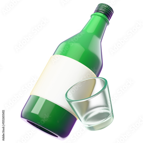 Soju, a traditional Korean alcoholic drink, and a glass. 3d rendering icon illustration.