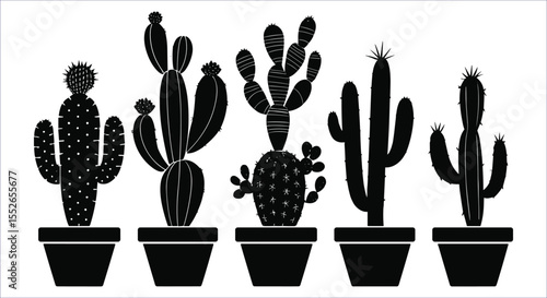Stylized Black Cactus Plant Set in Pots for Decorative Botanical Art Projects