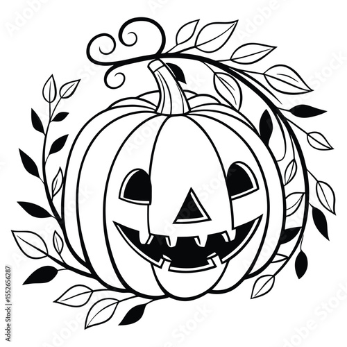 Whimsical halloween jack o lantern pumpkin silhouette with swirling vine and leaves isolated on white background
