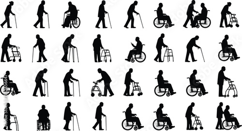 Elderly person silhouettes, using cane walker wheelchair, senior mobility aid icons, healthcare support concept, aging disability rehabilitation vector illustration