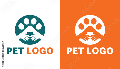 Pet Care Logo Set Hands and Paw Print in Circle Animal Love