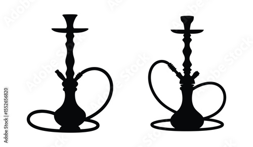 Black hookah and water pipe silhouette set, a minimalist design for a smoking lounge or entertainment concept on white background