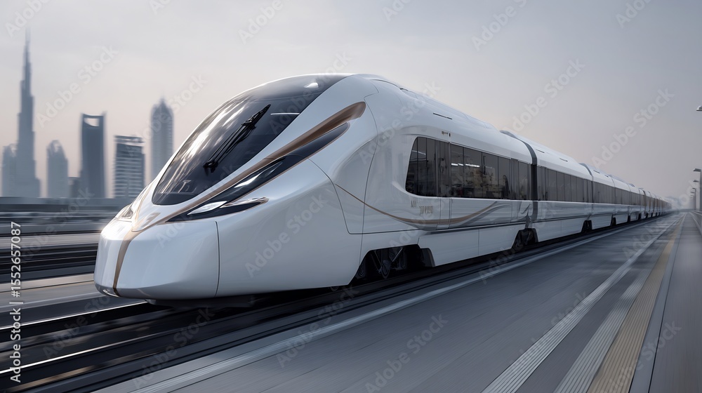 Fototapeta premium Futuristic High-Speed Train Departing from Dubai, a Modern Marvel of Engineering