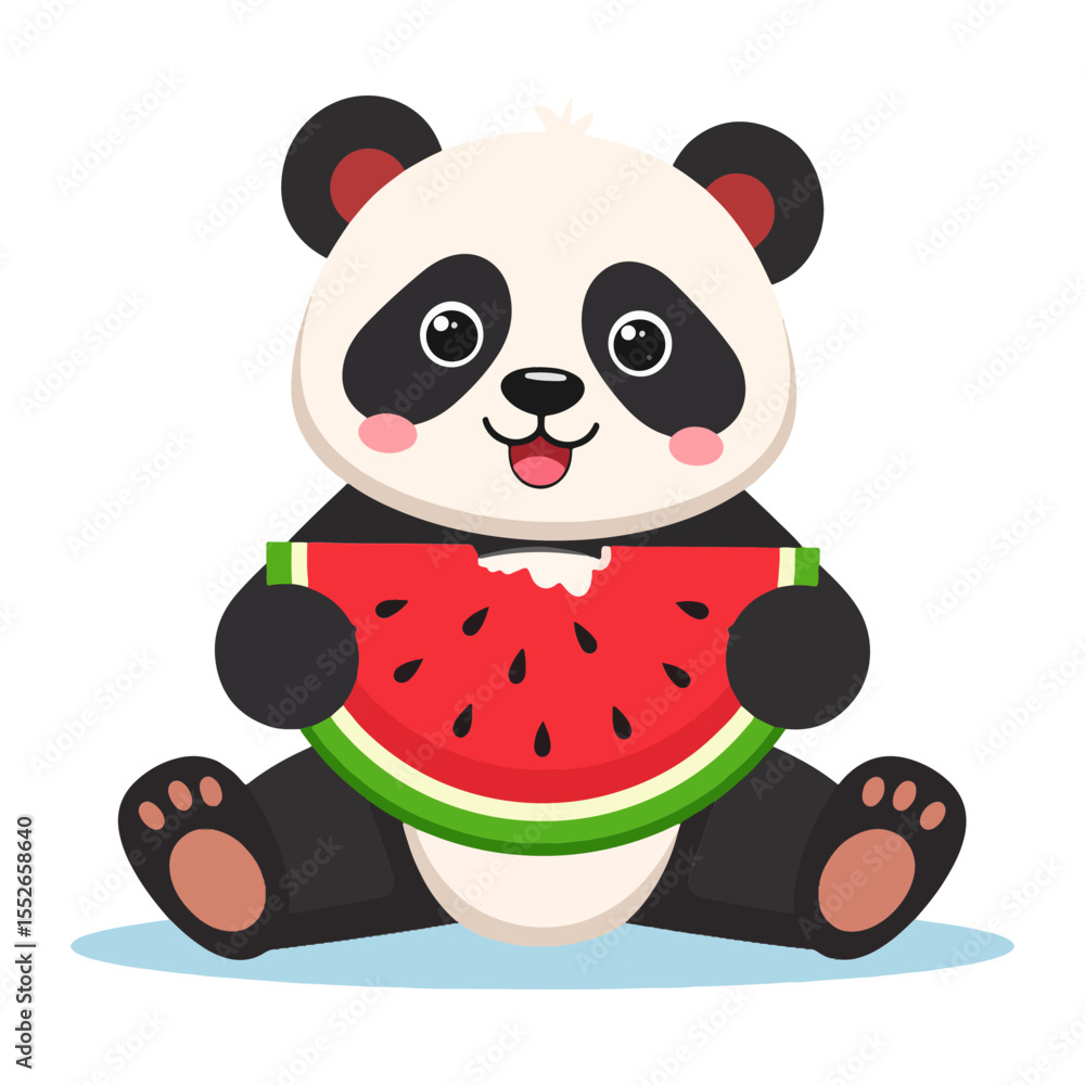 Fototapeta premium Panda sitting holding bitten watermelon slice